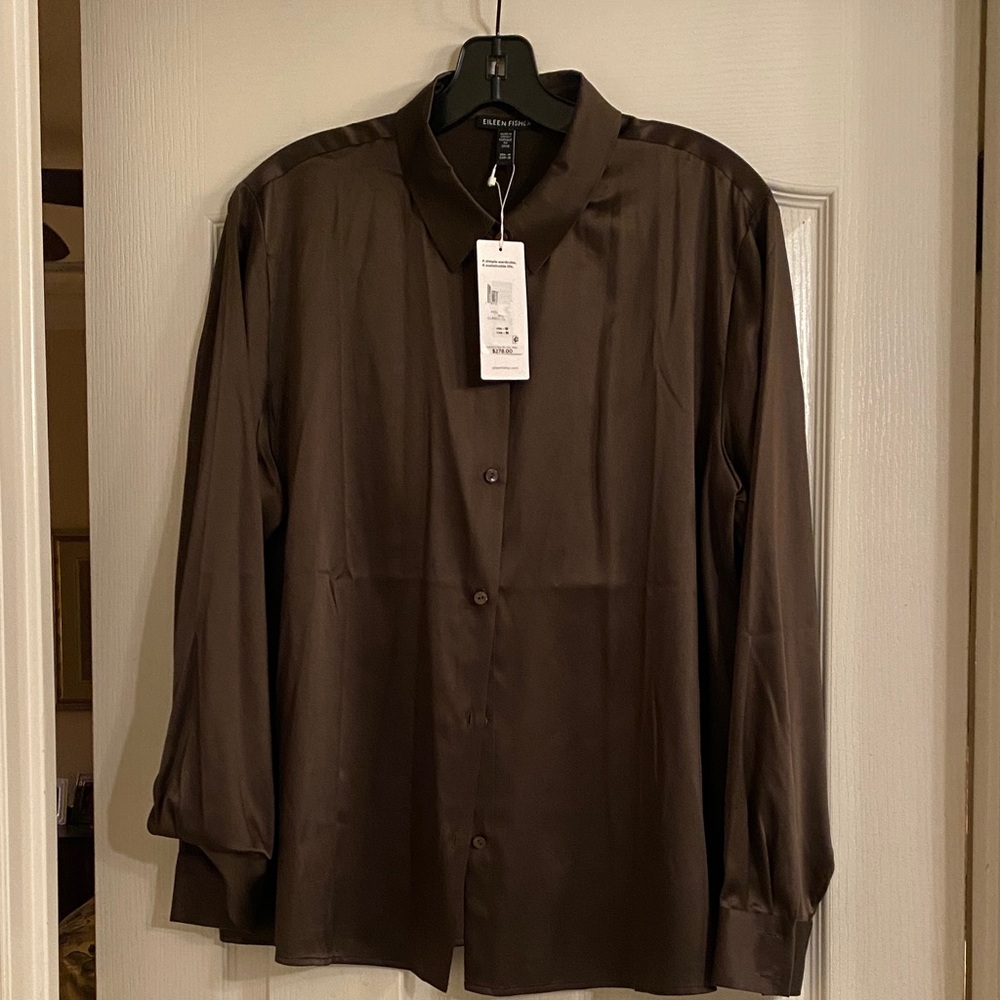 Eileen Fisher Dark Brown Satin Button-Front Blouse